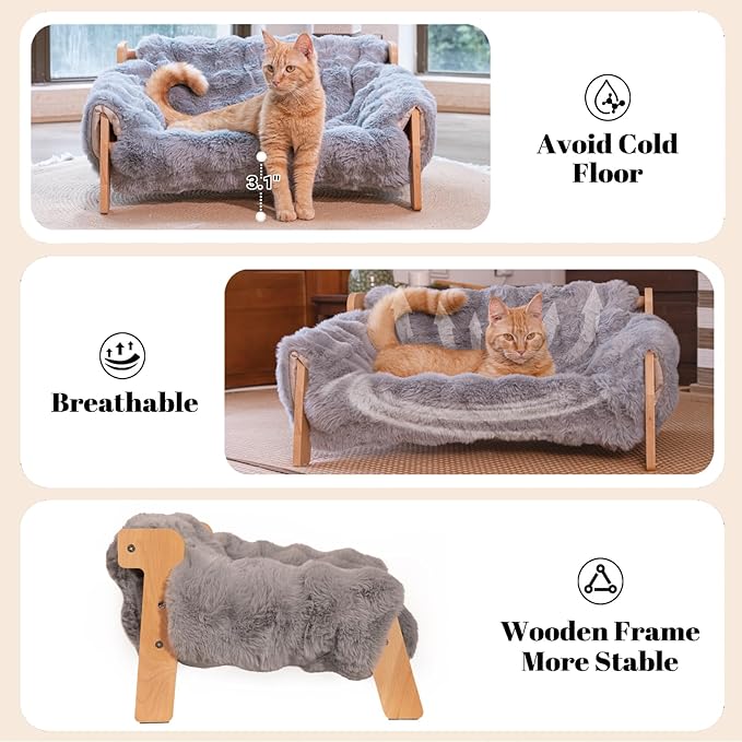 CHEERHOME PETS Elevated Cat Couch Bed Wooden Raised Kitty Sofa Lounge Chair | Washable Fluffy Cover Wooden Elevated Pet Furniture for Indoor Cats and Puppy(Dark Grey)