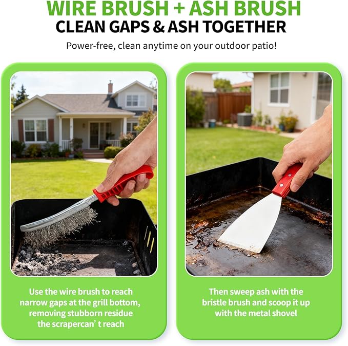 Grill Ash Cleaning Pellet 4-Piece Kit（Metal Material Durability） Includes Wire Brush，Ash Shovel，Bristle Brush，Angled Shovel，Effortlessly Removes Stubborn Grime & Collects Ash Debris