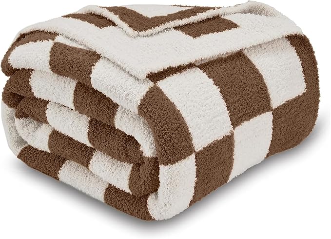 CozeCube Super Soft Fullfy Microfiber Reversible Knitted Blankets, Warm Cozy Fuzzy Plush Throw, Dark Brown and White Checkered Throw Blanket for Couch Bed Sofa, 60" x 80"