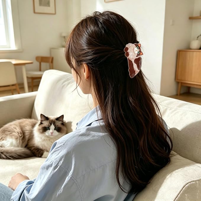 Fluffy Long Hair Cat Hair Claw Clips Animal Hair Clip Kitten Hair Barrettes | Lying Ragdoll Kitten Hair Jaw Clips Acrylic Grip Clips Brown Pet Cat Hair Accessories for Women Daily Holiday Party Styling
