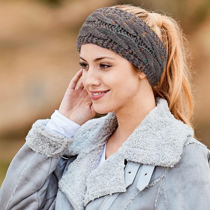 AQOKKA Knit Winter Headbands for Women Fuzzy Wool Fleece Lined Ear Warmers Elastic Turban Crocheted Head Wrap Winter Accessories for Women Cold Weather