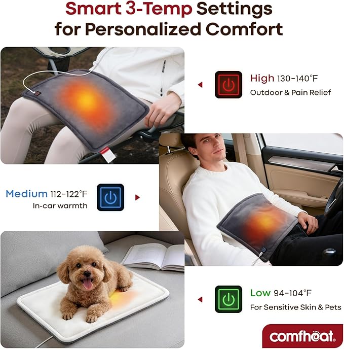 USB Heating Pad for Travel Warmth Outdoors, 5V Small Heated Pad FSA Eligible HSA Non-Rechargeable Heat Therapy for Pain Relief Abdomen Cramps, 3 Heat Settings & Auto Off (16"x 12") Gray