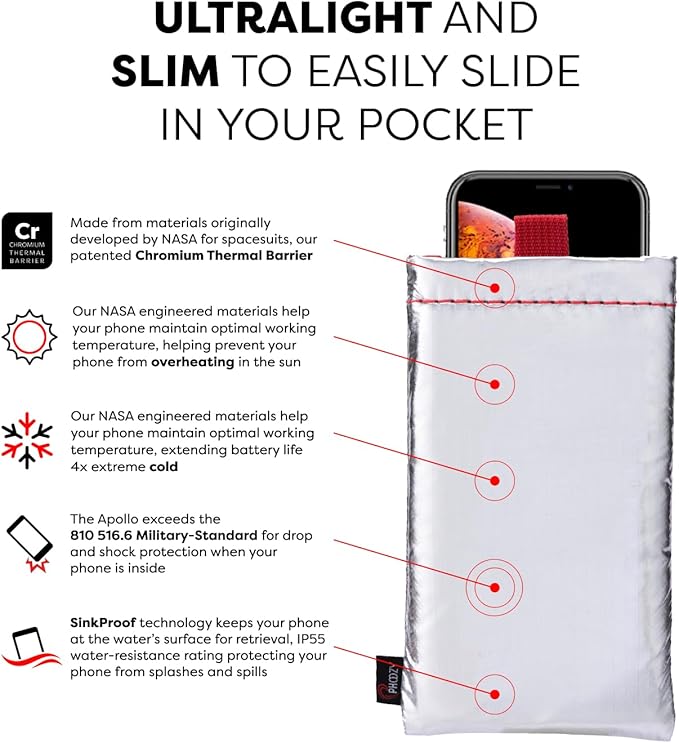 PHOOZY Apollo Thermal Phone Case | Insulated Phone Pouch Extends Battery Life 3X in Freezing Weather | Cold Resistant Drop Protection | Military Grade Water Resistant | Medium | Silver