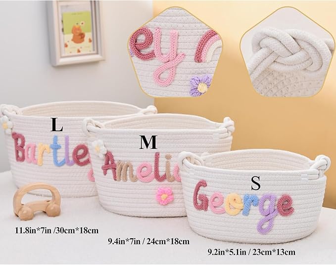 Personalized Baby Shower Basket with Name - Custom Christmas Gift Basket - Newborn Baby Gift Basket, Children's Toy Storage Box, Rope Cotton Bag, Nursery Storage, Small Diaper Caddy Organizer