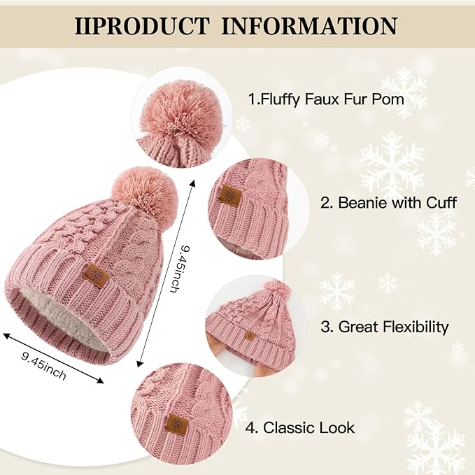 Tavaleu Womens Winter Beanie Hat Scarf Gloves Set, Pom Pom Beanie Warm Knit Scarf Touchscreen Gloves for Cold Weather