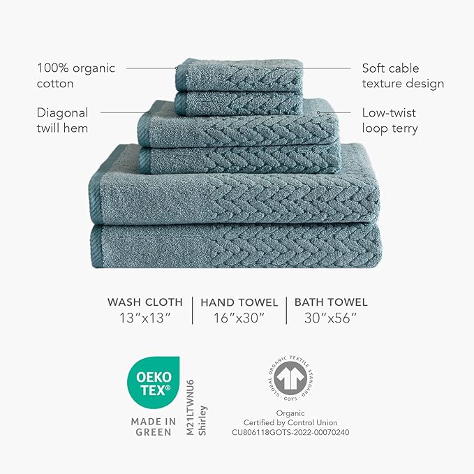 Texere 100% Organic Cotton Jacquard 650 GSM Premium Bath Towel Sets - Extra Absorbent Quick Dry and Plush (Cable, Estate Blue, 4 Bath Towels)