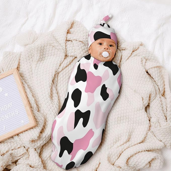 Newborn Swaddle Blankets and Hat Set Soft Cotton Baby Swaddle Wrap Warm Infant Receiving Blanket Pink Print-2