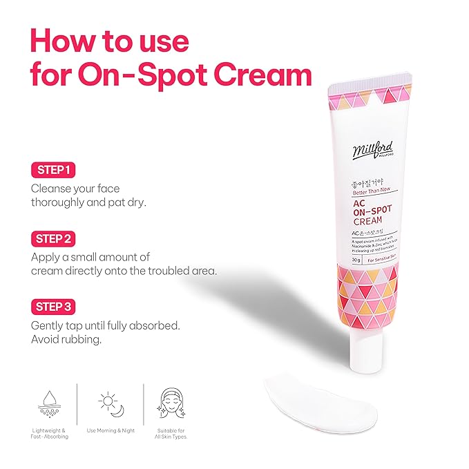 AC On-Spot Cream 30g/1.05 Oz, Zinc Oxide 10%, Niacinamide 2% for Active Skin Repair, Acne Spot Treatment for Face, Blemish Care, Dark Spot, Korean Skincare for Sensitive & Acne-Prone Skin