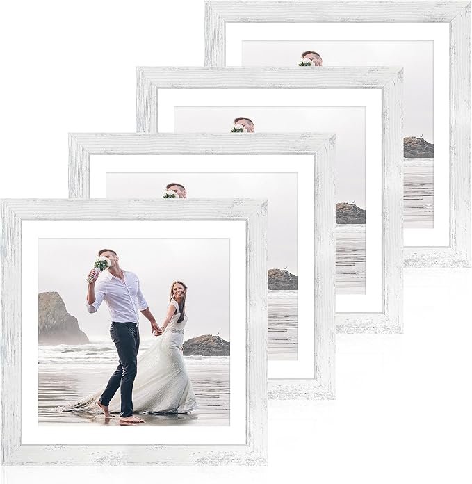 iRahmen 12x12 Picture Frame Set of 4 with Tempered Glass, Display 10x10 Pictures with Mat or 12 x 12 Without Mat, Wooden Photo Frames for Tabletop Display and Wall Mounting