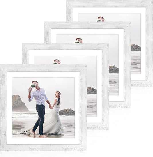 iRahmen 12x12 Picture Frame Set of 4 with Tempered Glass, Display 10x10 Pictures with Mat or 12 x 12 Without Mat, Wooden Photo Frames for Tabletop Display and Wall Mounting