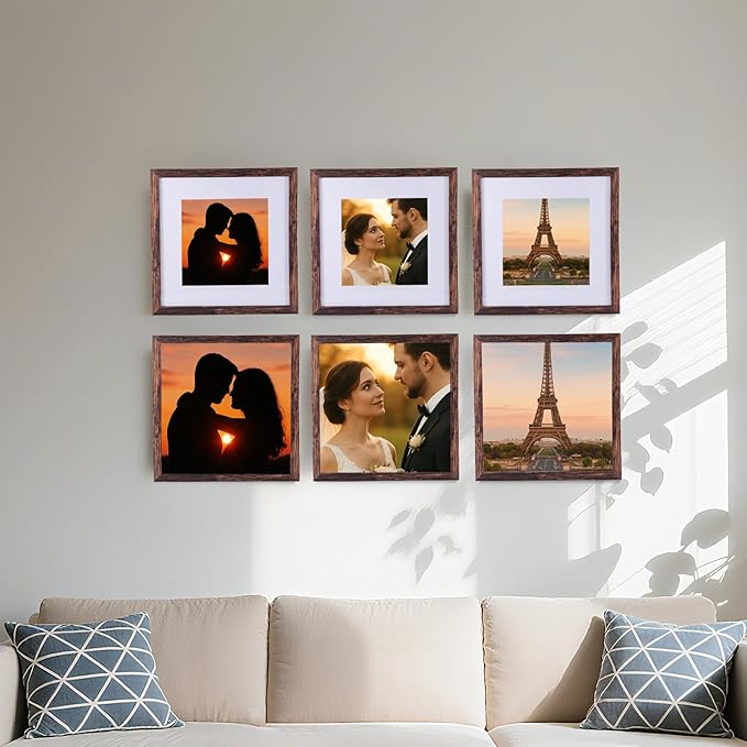 3 Pcs 8x8 Rustic Brown Wood Picture Frame - Display Pictures 5x5 with Mat or 8 x 8 without - Distressed Brown Wooden Photo Frames for Wall Mounting or Table 8 8 Matted to 5x5 Farmhouse Set of 3
