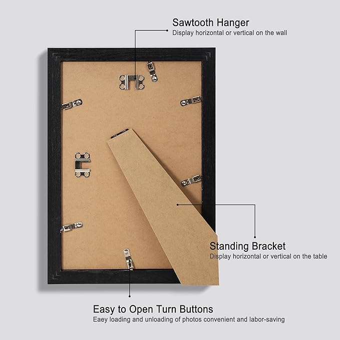 8x12 Picture Frame Set of 4, Made of Glass and Rustic Black Wooden Frame - Display 6x8 Picture with Mat or 8 x 12Poster Without Mat, 8 by 12 Photo for Wall or Tabletop