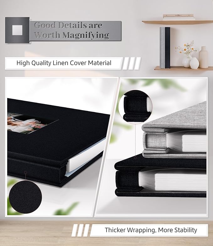 Photo Album Self Adhesive Scrapbook Album for 3x5 4x6 5x7 8x10 Pictures,120 Pages Linen Cover with Display Window DIY Photo Book,Ideal Gifts for Family Travel Wedding Baby