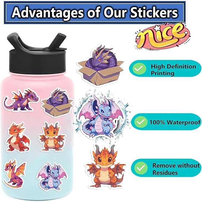 50Pcs Dragon Sticker, Cute Stickers for Kids Teens Adults, Vinyl Cartoon Animals Decals Kawaii Sticker for Decor Water Bottles Laptops Guitar Scrapbook (Dragon)