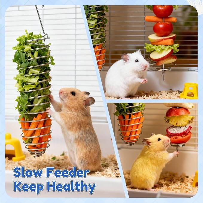 2Pcs Rat Enrichment Toys, 304 Stainless Steel Foraging Toy, Fruit & Vegetable Holder for Mice, Hanging Rodent Cage Accessories, Slow Feeder Puzzle Toy & Parakeet Foraging Tool
