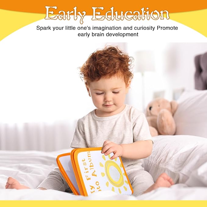 Sun Baby' s My First Family Album Cute Cartoon Sun Photo Album Holds 4x6" Pictures Soft Photo Cloth Book with Safety Mirror for Newborn Baby Shower Toddler Kid