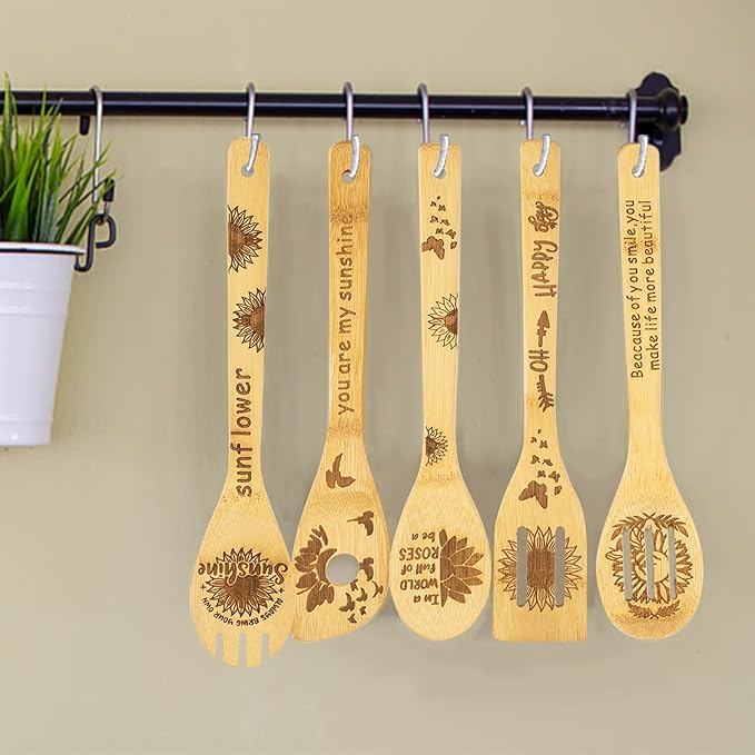 5PCS Sunflower Wooden Cooking Spoons - Sunflower Kitchen Gift Set, You Are My Sunshine, Bamboo Cooking Spoons for Housewarming, Wedding, Birthday, Mom, Bridal Shower