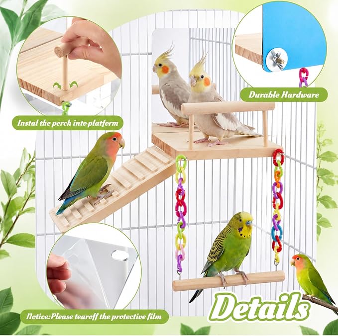 13 Pcs Bird Parakeet Toys, Bird Perch Platform Swing Mirror Ladder with 360° Spin Function, Hanging Parakeet Swing Birds Cage Accessories Toys for Cockatiel Lovebird Parrot