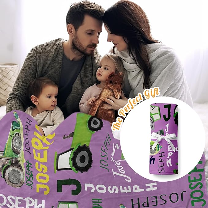 Personalized Tractors Blanket - Custom Name with Farm Tractor Trucks Design - Soft Plush Flannel Bed Blanket for Baby Kid Teen Boys Girls Customized Gifts Purple