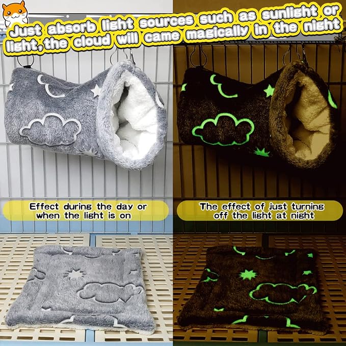 LEFTSTARER Noctilucent Luminous Guinea Pig Rat Hammock Bunkbed Hanging Tunnel and Soft Bed Mat for Ferret Hedgehog Squirrel Hideout Cage Accessories (2.Tunnel Hammock and Mat)