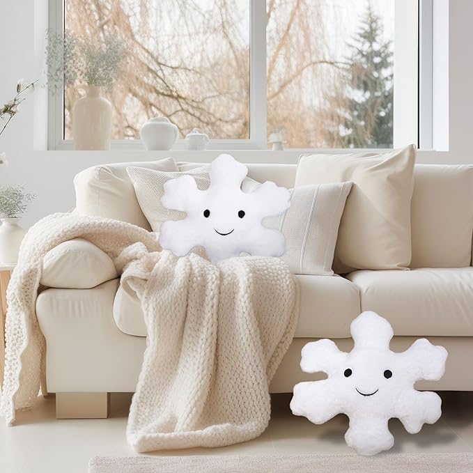 Whaline 2Pcs Christmas Snowflake Pillows Cute Winter Snowflake Shaped Throw Pillow Decorative Xmas White Plush Pillow for Home Office Couch Sofa Bed Decor