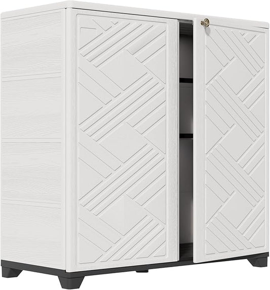 HOMSPARK Indoor/Outdoor Storage Cabinet with Doors and 2 Metal Shelves, 34”x15”x34” HDPE Plastic Storage Box for Patio, Garden, Enterway, Balcony, Multi-Purpose for Daily Tools, White
