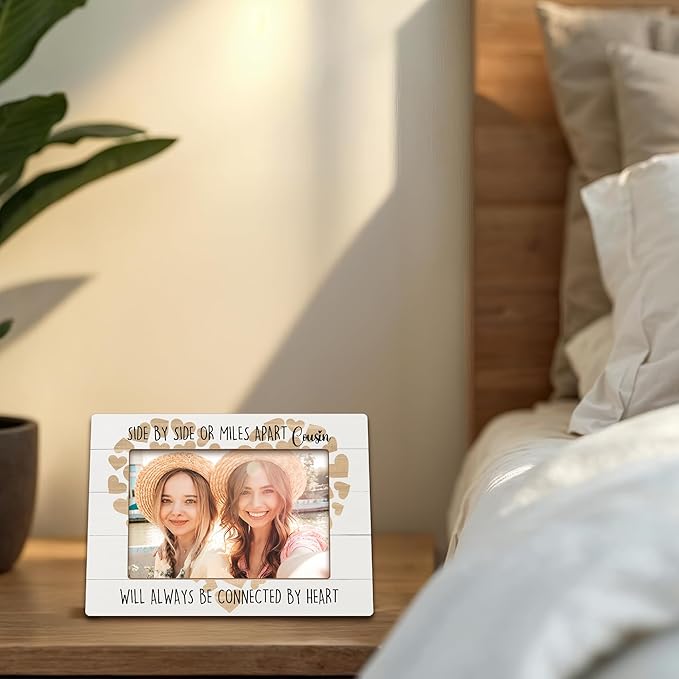 Cousins Gifts Picture Frames, Cousin Gifts for Women, Long Distance Birthday Wedding Wooden Photo Frames, Cousin Will Always Be Connected By Heart Picture Photo Frame for Desk Table 4X6 Photos