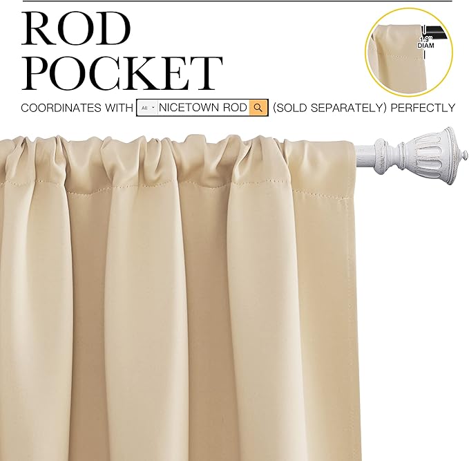 NICETOWN Blackout Room Darkening Curtains - Home Decoration Light & Noise Reducing Thermal Insulated Window Draperies with Rod Pocket Top (Biscotti Beige, 2 Panels, 34 inches Wide x 45 inches Long)