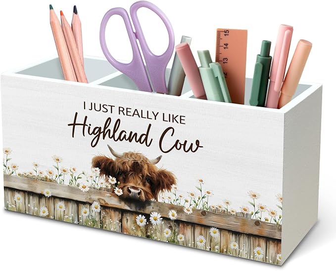 DILSJ Highland Cow Decor Pen Pencil Holder Organizer for Desk, Highland Cow Gifts for Women, Love Your Till the Cows Come Home Wooden Box Signs for Home Office Desk Tabletop Decoration