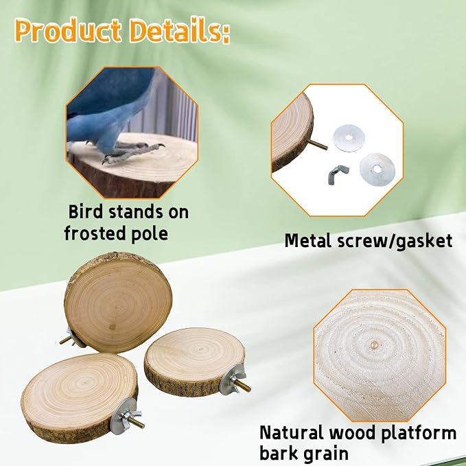 3PCS 3.9In Natural Bird Perches for Cage Round Wooden Parrot Stand Platform