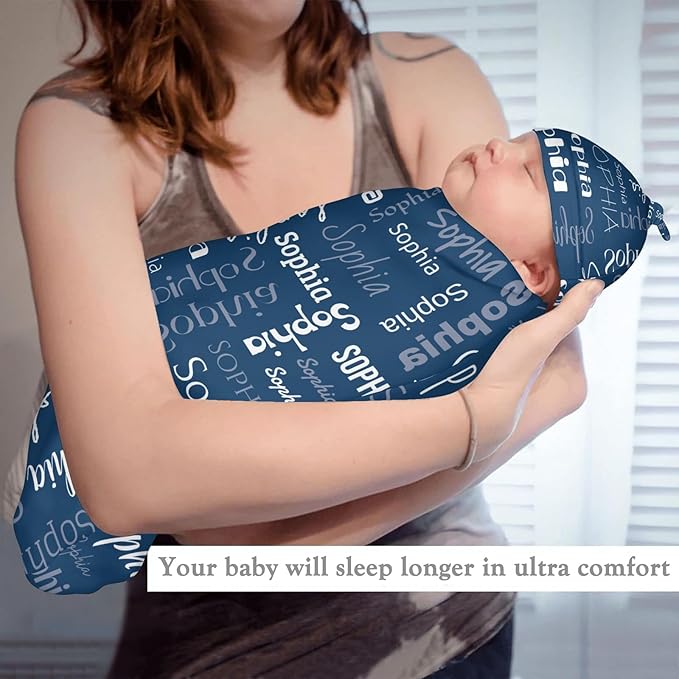 Personalized Baby Swaddle Blanket for Boys Girls Name Lettering Custom Name Receiving Blanket with Cap for Newborn Girls and Boys Soft Sleeping Sack
