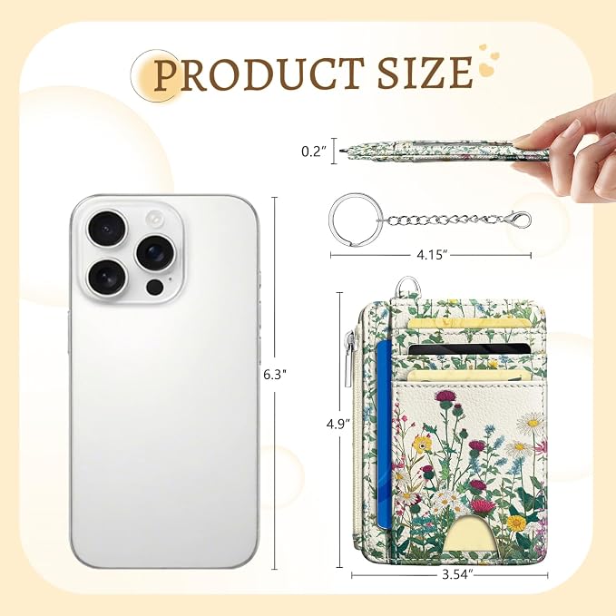 Kelvoris Credit Card Holder Small Wallet Women, Slim RFID, Wildflower | Keychain, Zipper Coin Pocket, Front Pocket Thin Travel Card Case, Minimalist, 6 Card Slots, 1 ID Window, Ladies Gifts Woman