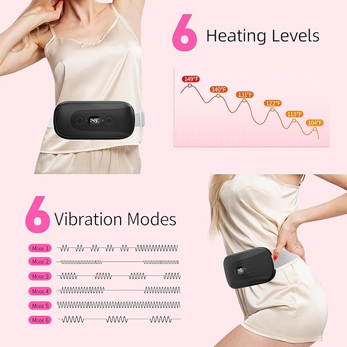Portable Heating Pad Period Cramps: 2 Timer 6 Heat Levels 6 Vibration Modes Cordless Electric Heating Pad 3s Fast Heating Menstrual Heating Pad (Black)
