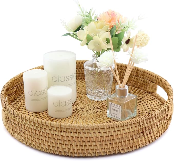 Handwoven Rattan Round Serving Tray, Natural Wicker Decorative Tray for Serving, Coffee Table, Home Boho Décor and Entertaining, Gift Idea Choice