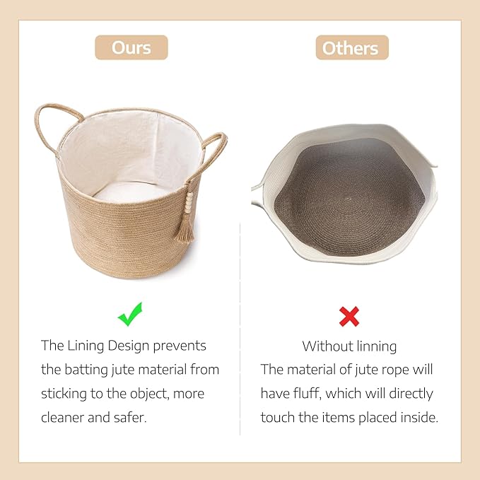 Mkono Woven Storage Basket Decorative Rope Basket Wooden Bead Decoration for Blankets,Toys,Clothes,Shoes,Plant Organizer Bin with Handles Living Room Home Decor, 15"W x 17.7”L, Cream White and Brown