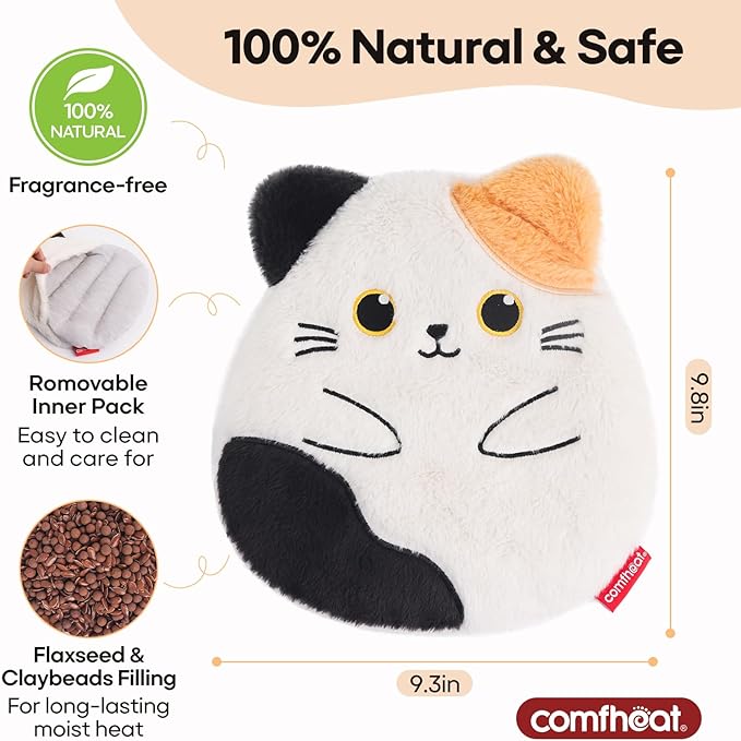 Cat Microwave Heating Pad for Period Cramps, Moist Heat Pack for Menstrual, Muscle Pain Relief Stuffed Animal Heating Pad Plush with Flaxseed Filling, Washable Cover, for Girl Women Kids