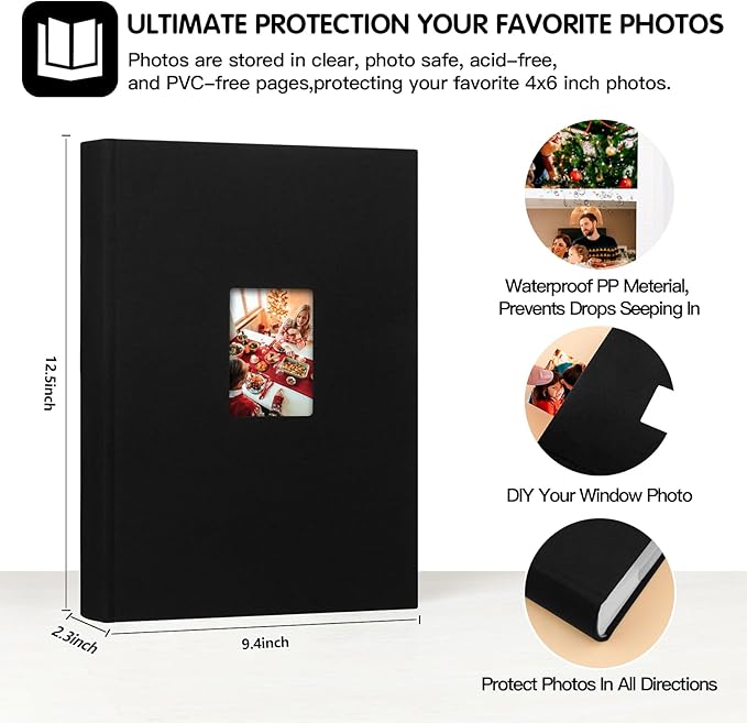 XFveivoo Photo Album 4x6 450 Photos with Writing Space,4 x 6 Photo Book Linen Cover with Front Window, 4x6 Picture Album 450 Photos Photo Album Book for Wedding Kids Travel Family Baby Pictures, Black