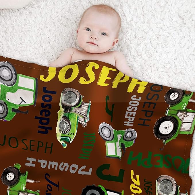 Personalized Tractors Blanket - Custom Name with Farm Tractor Trucks Design - Soft Plush Flannel Bed Blanket for Baby Kid Teen Boys Girls Customized Gifts Brown