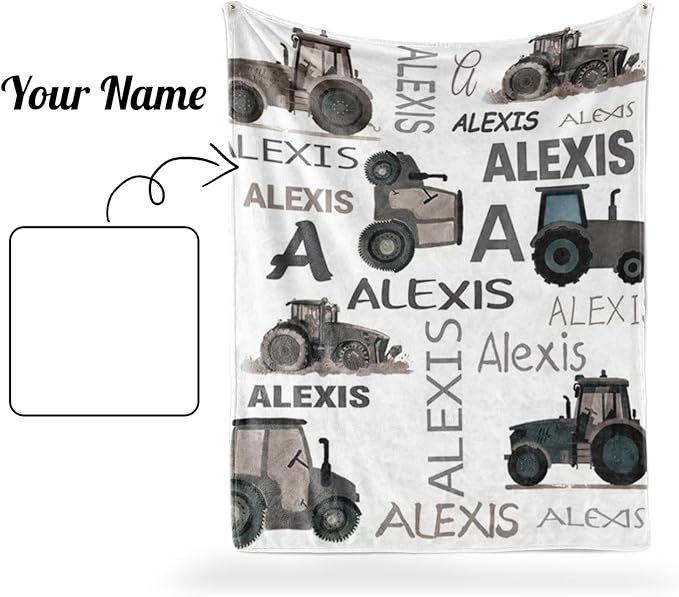 Personalized Tractors Blanket - Custom Name with Farm Tractor Trucks Design - Soft Plush Flannel Bed Blanket for Baby Kid Teen Boys Girls Customized Gifts White & Grey