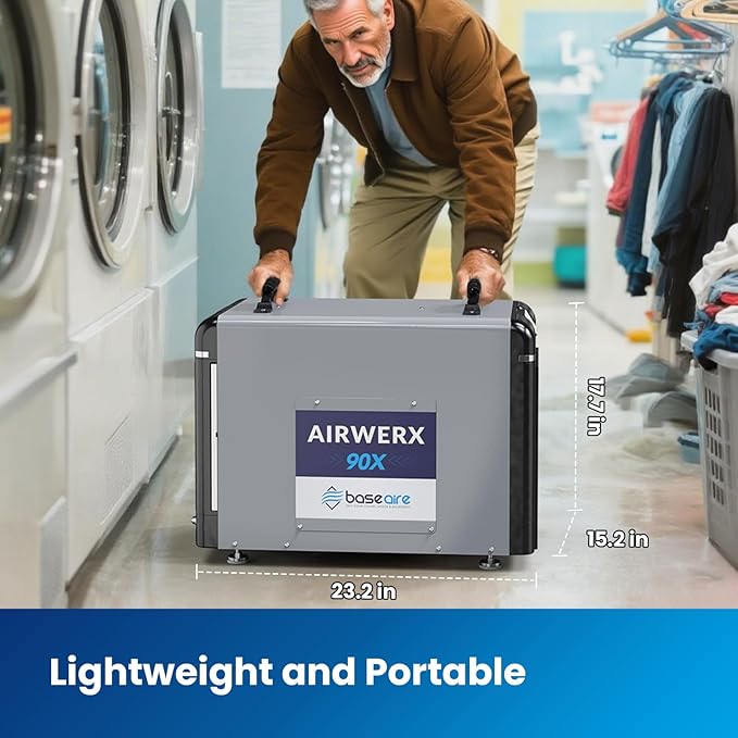 BaseAire 198 Pints Dehumidifier with Pump for Crawl Space, Basement, Portable AirWerx90X Commercial Dehumidifier for Whole Home, Intelligent Humidity Control, Auto Shut off Restart