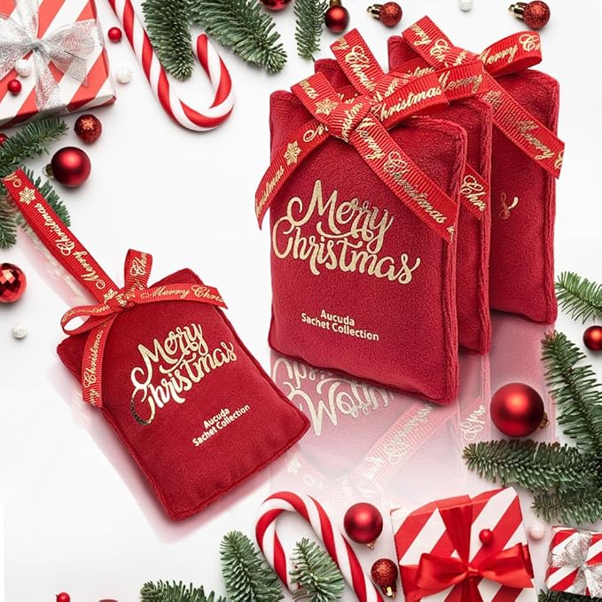 AUCUDA 4pcs Merry Christmas Sachet Bags Apple Cinnamon Scented for Drawers and Closets, Potpourri Packets for Women Outfit, Winter Red Fragrance Pillow for Bedroom Indoor, Fresheners for Wedding