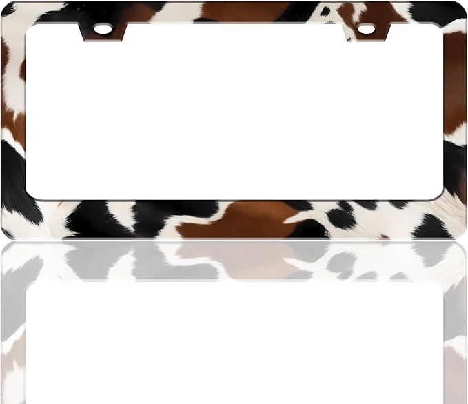 Brown Cow Spots Print License Plate Frame Cow Stainless Steel 6 X 12 Inch | Fits US Standard With Screws Rust Resistant For Car Front Rear Decoration Accessories Easy Installation For Cars SUV Truck