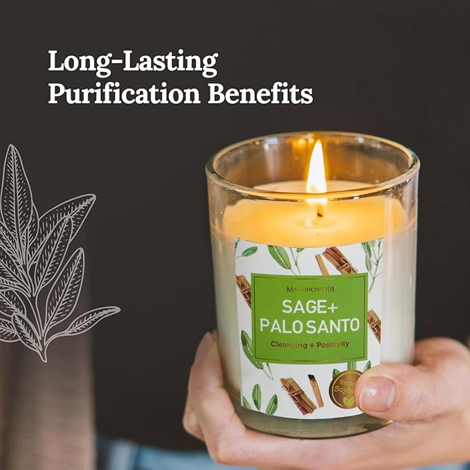 Magnificent 101 Sage & Palo Santo Candle Set - 3-Pack, 3.5 oz Each, 42h Burn - Natural Soy Candles for Energy Cleansing & Manifestation - Aromatherapy & Meditation Accessories