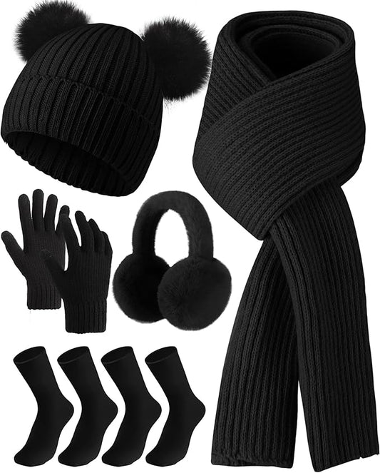 Geyoga 6 Pcs Winter Warm Fleece Knit Hat Long Scarf Touchscreen Gloves Ear Muffs Socks Sets, Winter Warm Gifts for Women