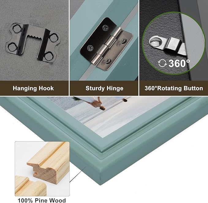 3 Vertical Horizontal 4X6 and 5X7 Picture Frames Hinged Wood Folding Photo Frames with Real Glass Front Fit for Desktop or Tabletop, Teal Blue XLAN-V46H75V46