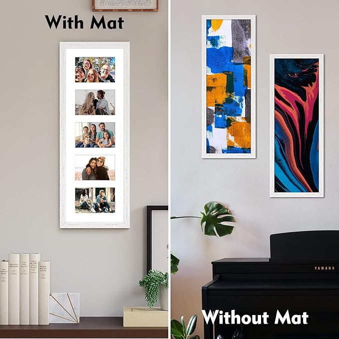 8x24 Collage frame with 5 Openings 4X6 Pictures, Multiple Picture Frame with Mat, Wall or Tabletop Decor, White Wood Grain (1 Pack)