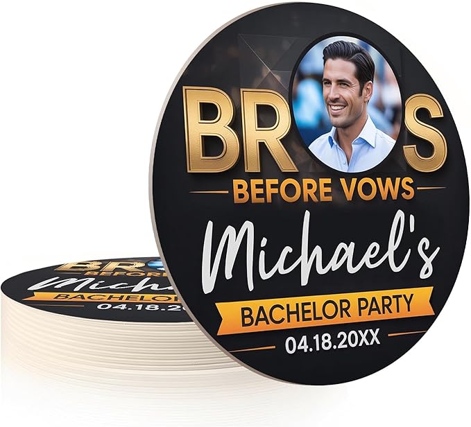 10 Pack Personalized Bachelor Party Coasters, Custom Cardboard Drink Coasters with Photo Print and Text, Fun Bachelor Party Favors and Gifts, 3.95" Round, Design 1