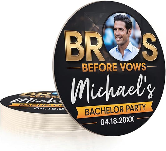 10 Pack Personalized Bachelor Party Coasters, Custom Cardboard Drink Coasters with Photo Print and Text, Fun Bachelor Party Favors and Gifts, 3.95" Round, Design 1