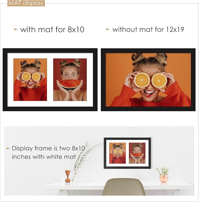 12x19 Double Picture Frame 8x10 Displays Two 8x10 inch Photos Collage Available Horizontal Wall Mounting Display and Vertical Black