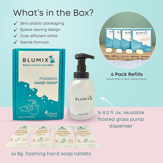 Foaming Hand Soap Starter Set – Reusable Glass Pump Bottle + 4 Scented Soap Tablets | Vegan, Non-Toxic, Zero Waste, Eco-Friendly Hand Wash Kit | Great Gift for Home or Travel